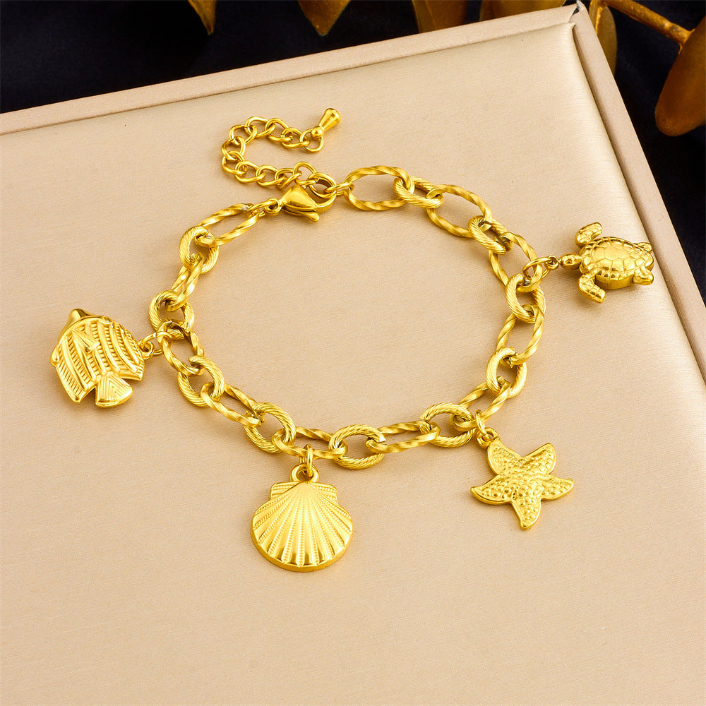 Fashionable Gold-Plated Stainless Steel Sea Star and Turtle Pendant Bracelet for Women