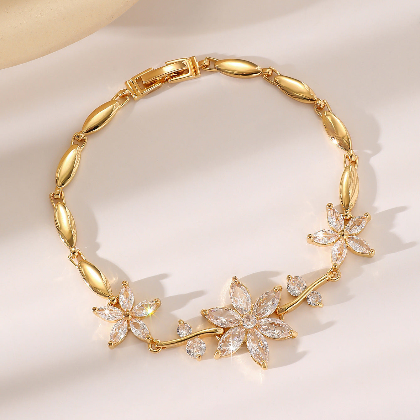Luxury Gold Plated Brass Leaf Bracelet with Cubic Zirconia Inlay Unisex Floral Design