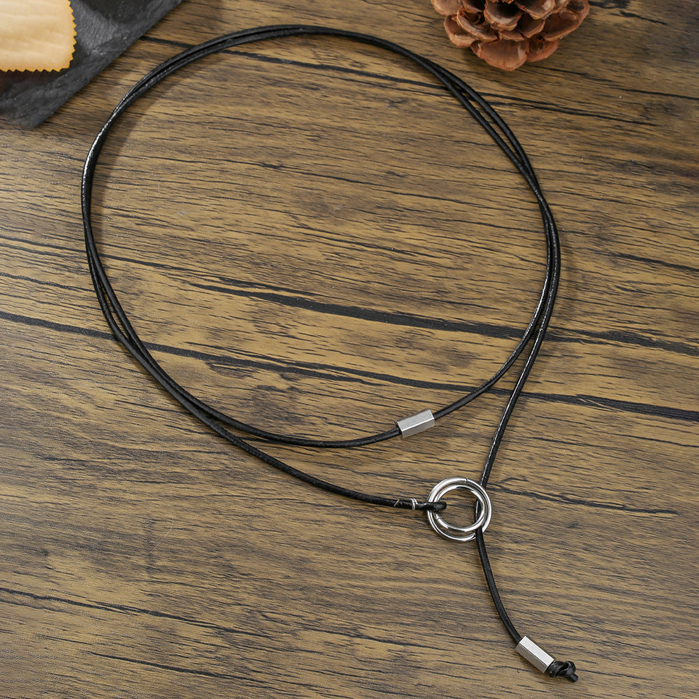 Geometric Round Leather Alloy Pendant Cable Chain Necklace Adjustable Multi-Layer Choker for Unisex