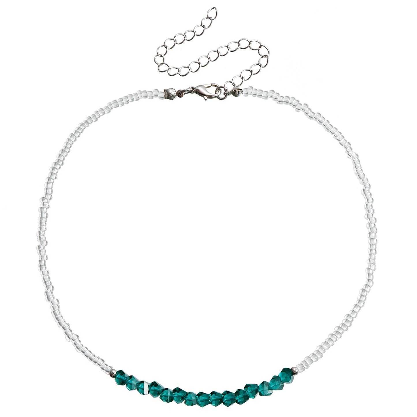 Bohemian Geometric Beaded Necklace for Women with White Beads and Blue Crystal-Like Accents on Clavicle Chain