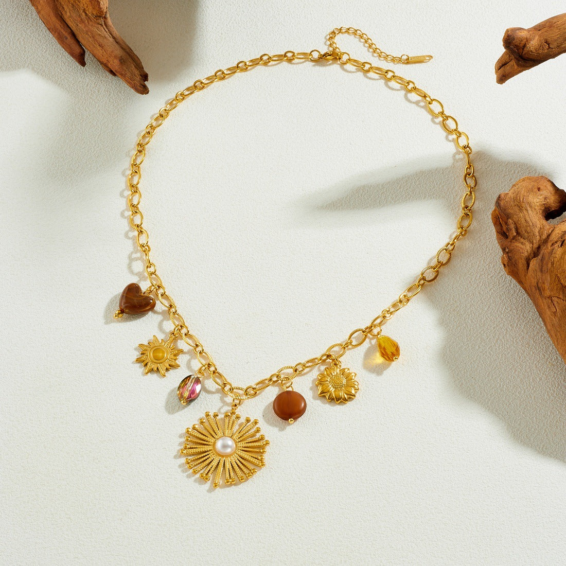 Vintage Gold Plated Stainless Steel Floral Pearl Pendant Necklace Cable Chain