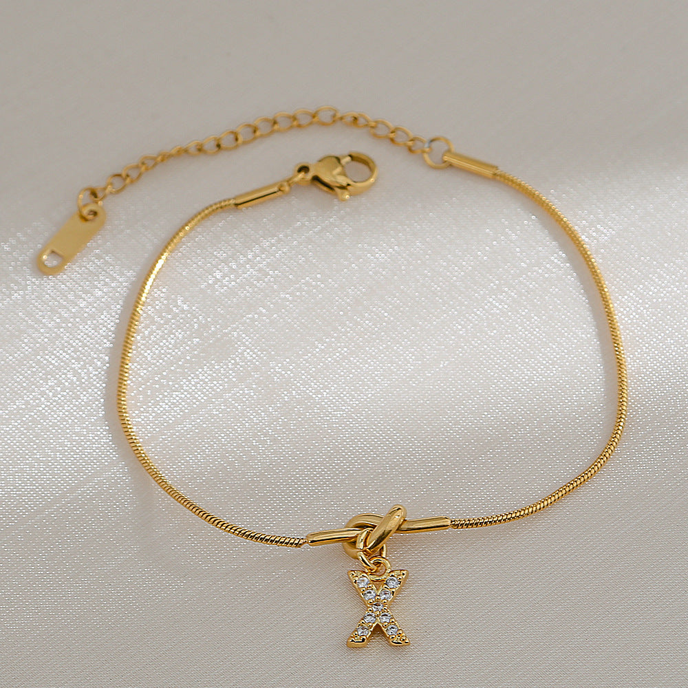 18K Gold Plated Stainless Steel Letter Heart Knot Charm Bar Bracelet for Women