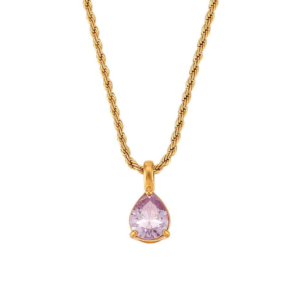 Fashionable Vintage Geometric Stainless Steel Twisted Rope Necklace with Teardrop Rhinestone Pendant for Women