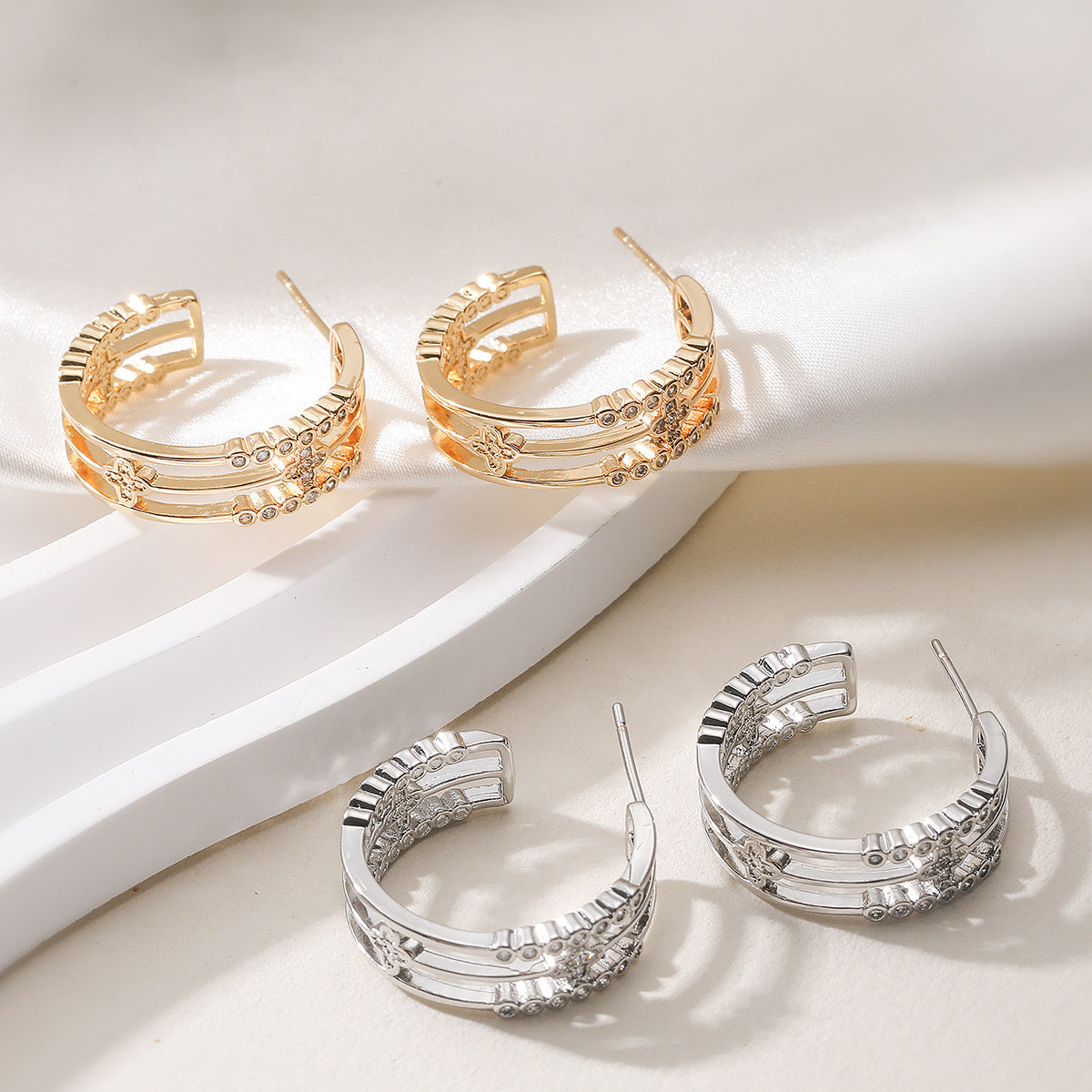 Vintage 18K Gold Plated Geometric Brass Hoop Earrings with Cubic Zirconia for Women