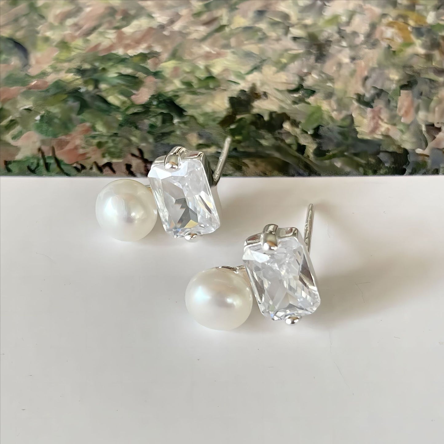 Minimalist Geometric Square-Cut Pearl Stud Earrings in 925 Sterling Silver with Plated Finish