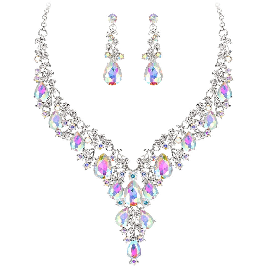 Fashionable Waterdrop-Shaped Rhinestone Pendant Necklace and Earrings Set with O-Chain for Women