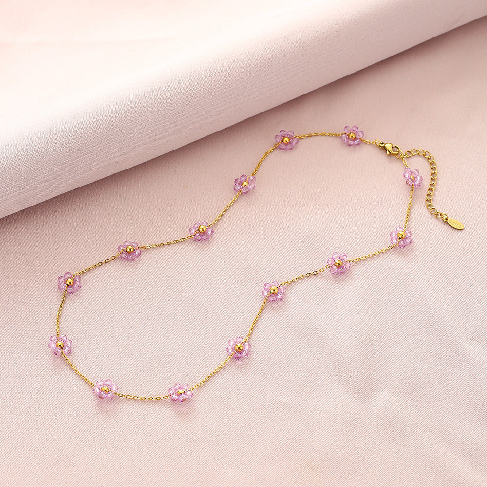 Dulce Collar Colgante de Pétalo de Cristal Floral Fresco para Mujer en Acero de Titanio con Acabado Chapado y Cadena de Eslabones