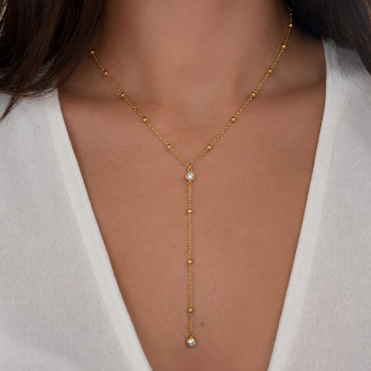 Minimalist 18K Gold Plated Geometric Round Rhinestone Y-Shape Stainless Steel Necklace for Women