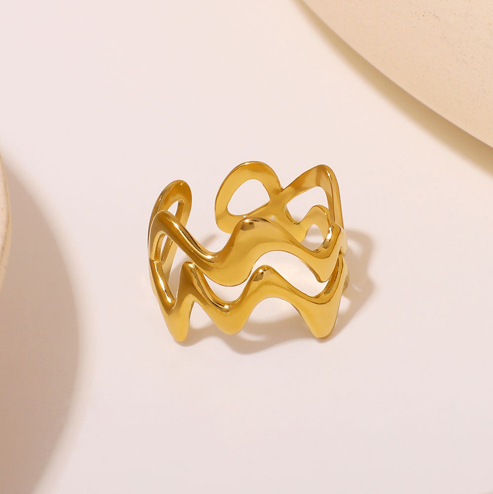 Anello irregolare a doppio strato ondulato geometrico in acciaio inossidabile con finitura placcata per gioielli di moda unisex
