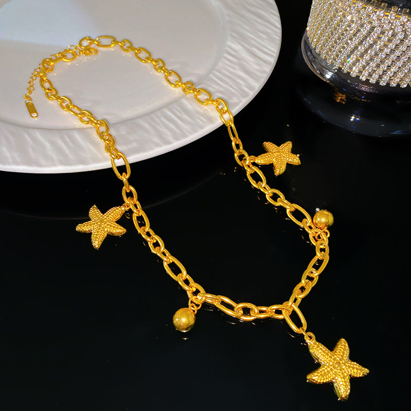 Sweet Streetwear Starfish Round Titanium Steel Plated Necklace Bracelet Earring Set with Cuban Link Chain