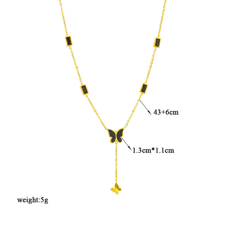 Fashionable Butterfly Pendant Necklace in Polished Titanium Steel with Black Rhinestone Accents for Women