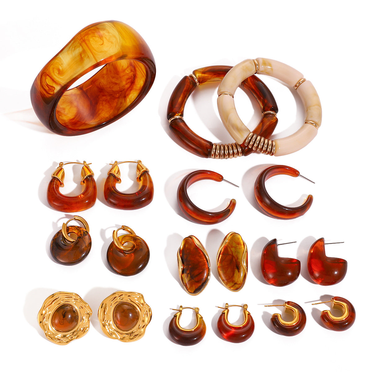 Conjunto de pulsera de resina de acero inoxidable y titanio de forma irregular y pendientes acrílicos de ámbar para mujer