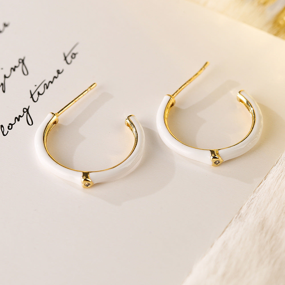 Minimalist Geometric C-Shaped Earrings for Women in Copper with Micro-Pave Finish