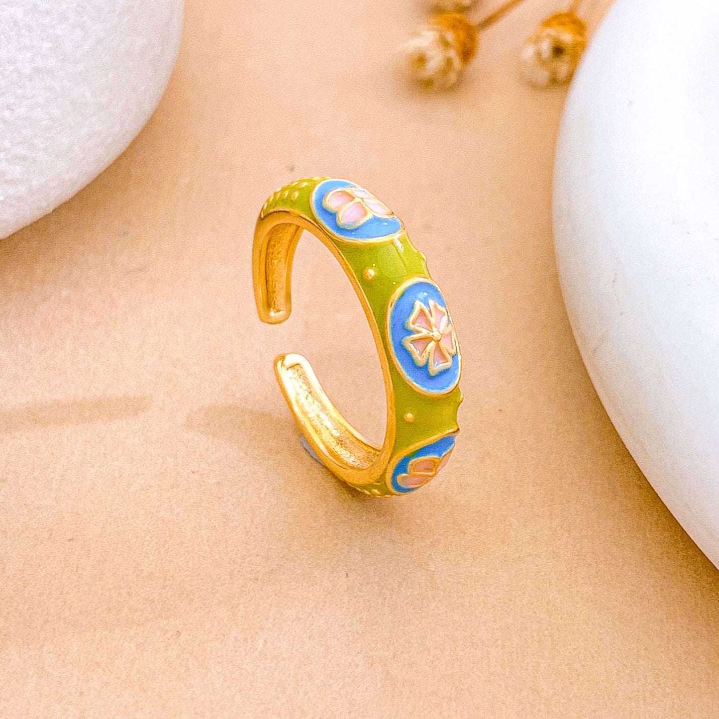 Sweet Minimalist Floral Enamel Gold Plated Brass Adjustable Ring for Women