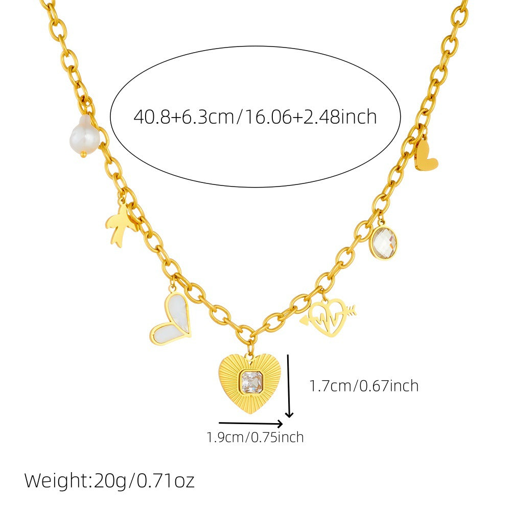 Elegant Heart Rhinestone Inlay Plated Stainless Steel Necklace with Cable Chain for Women