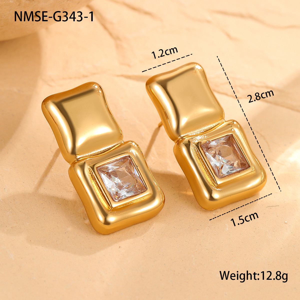 Pendientes cuadrados geométricos de acero inoxidable con circonita cúbica grande y chapado al vacío de oro de 18 quilates para mujer
