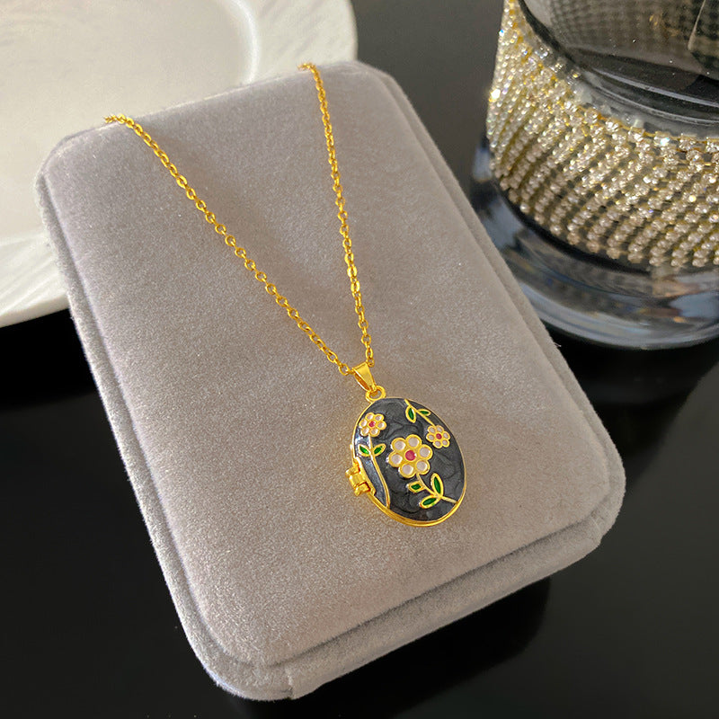 Vintage Drip Oil Floral Heart Oval Pendant Gold Plated Brass Necklace for Women