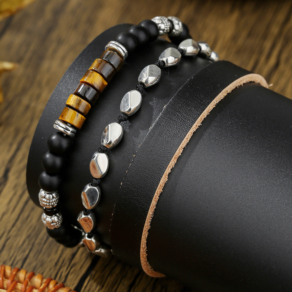 Hip-hop Men's Matte Leather Bracelet with Round Tiger's Eye and Agate Beads