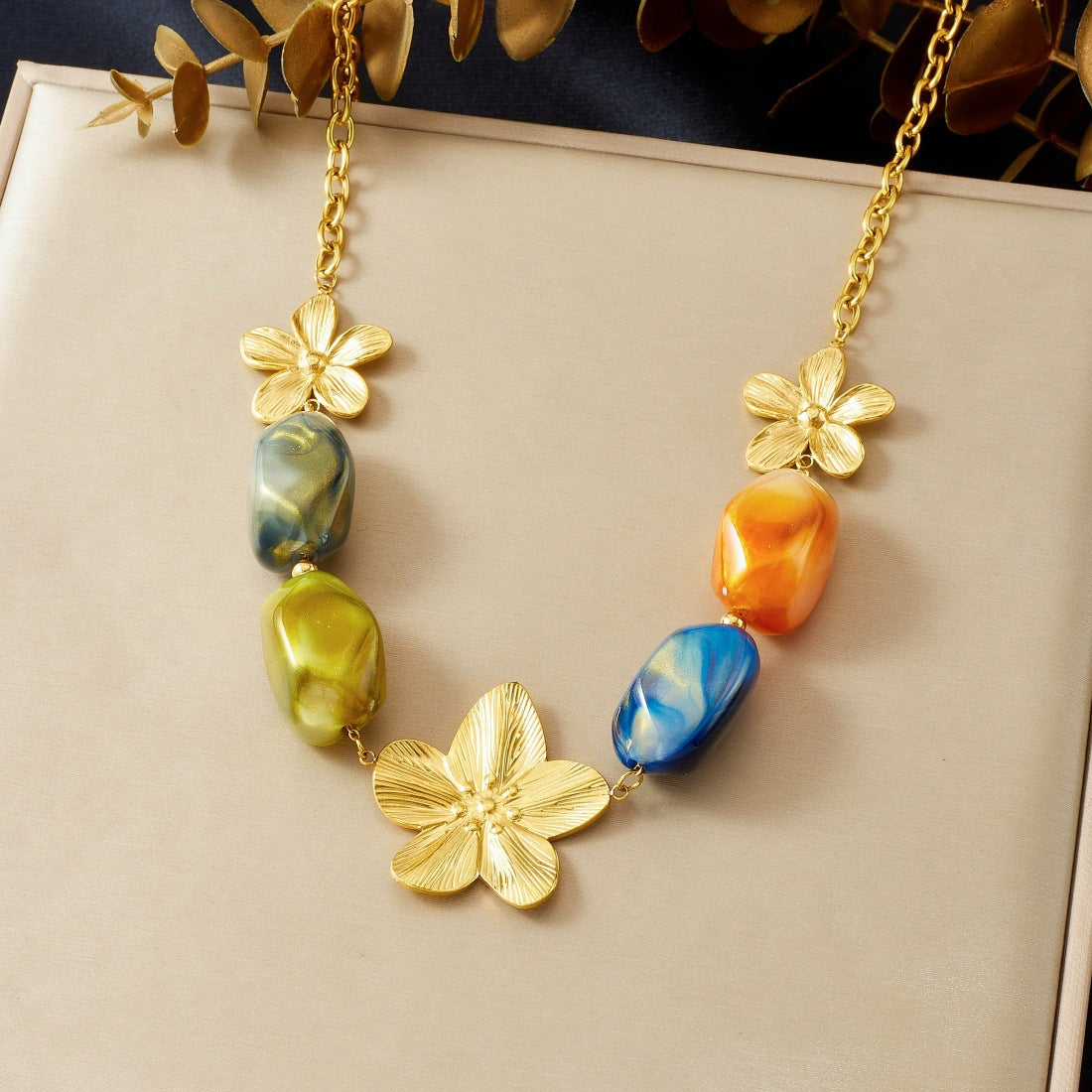 Vintage Gold Plated Stainless Steel Floral Camellia Pendant Necklace with Beaded Chain