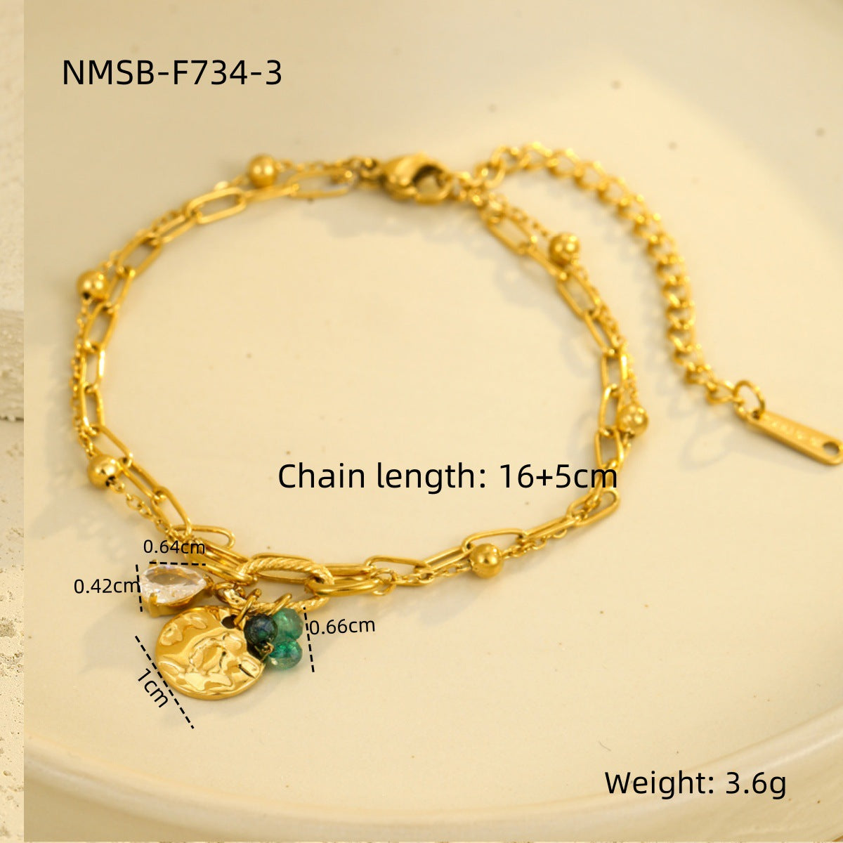 Bracciale in Acciaio al Titanio alla Moda Stile Ufficio con Zircone a Goccia e Ciondolo Perla su Charm Rotondo da Donna