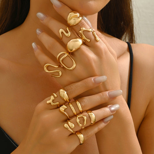 Anillo Abierto Geométrico para Mujer de Aleación de Zinc Chapado con Estilo Moderno Minimalista y Diseño de Banda de Metal Entrelazada