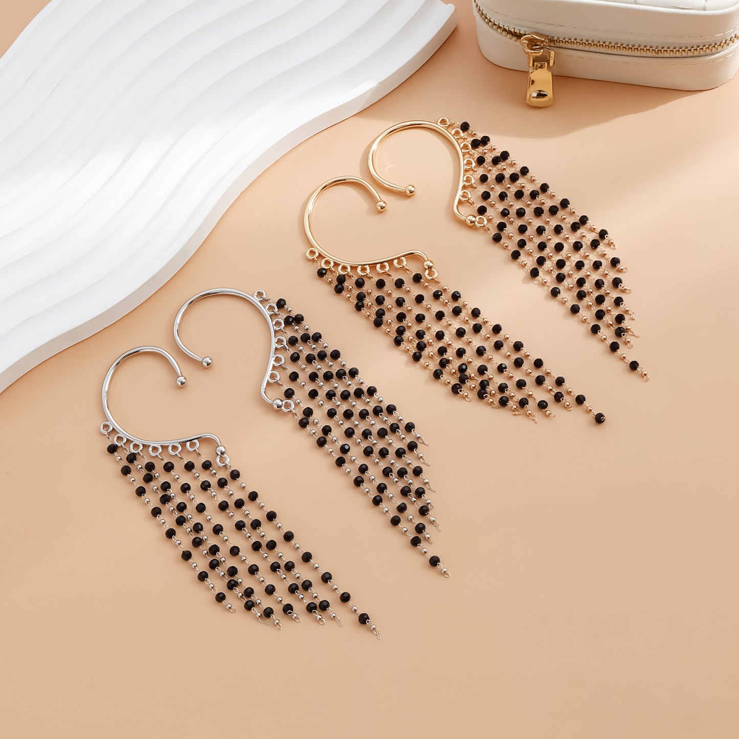 Black Crystal Glass Plated Tassel Ear Cuff
