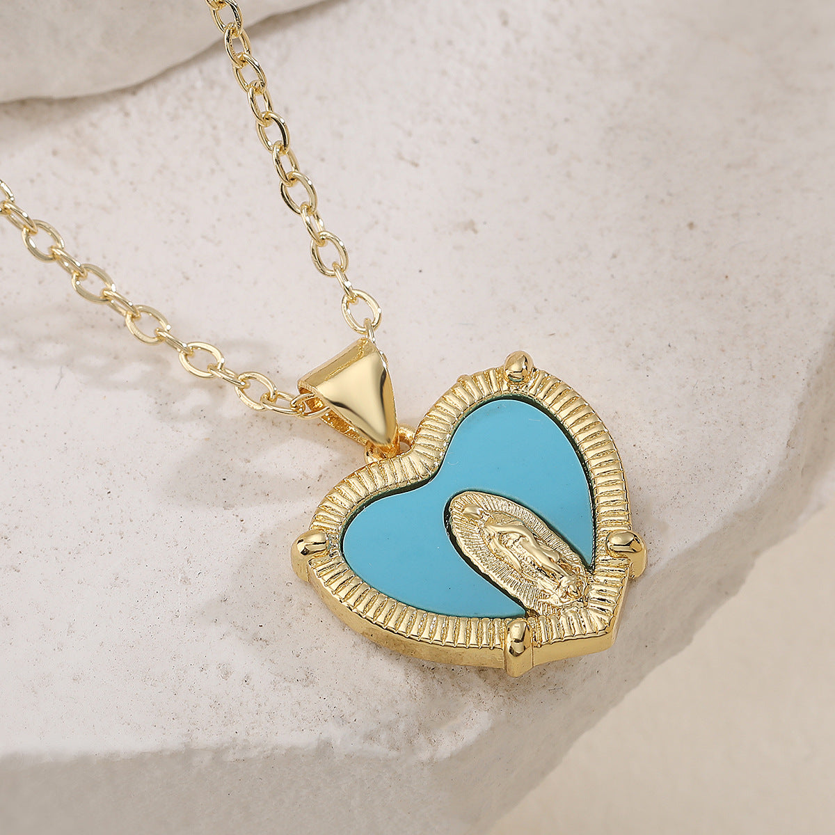 Minimalist Gold Plated Brass Heart Virgin Mary Pendant Necklace for Women