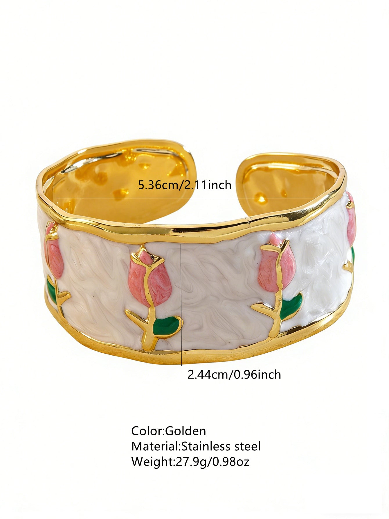 Elegante Pulsera Abierta de Lujo Floral con Esmalte de Aceite de Acero Inoxidable y Titanio con Cereza