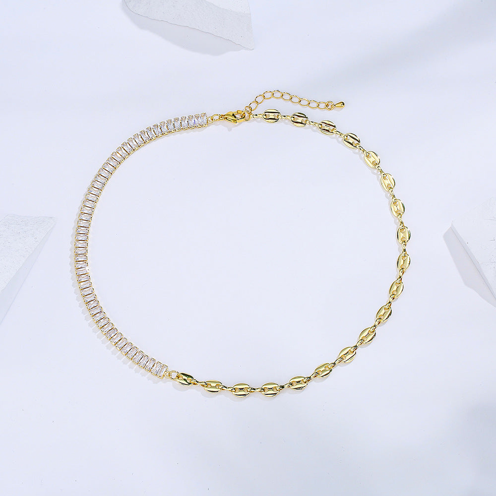 Minimalist Geometric Pig Nose Necklace in Brass with Cubic Zirconia Accents