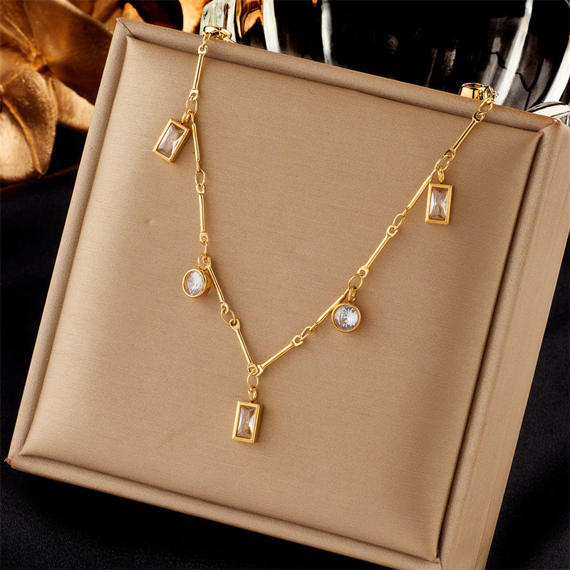 Minimalist Square and Round Rhinestone Pendant Necklace in Titanium Steel with Plated Finish for Women