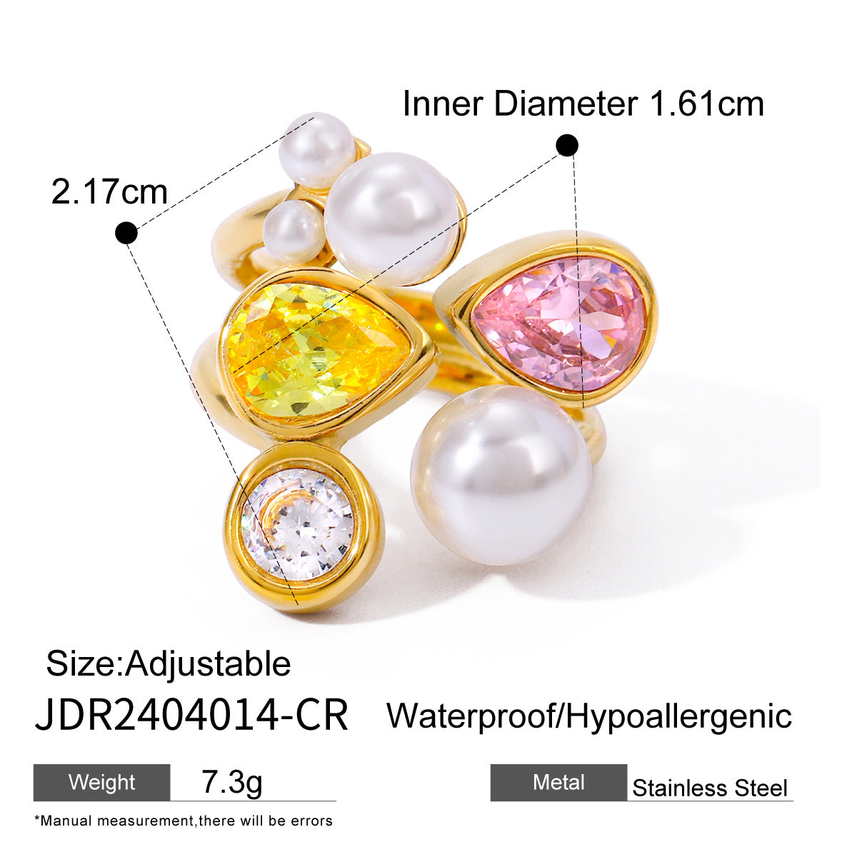 Anello aperto da donna in acciaio inossidabile placcato oro 18 carati con zircone bianco irregolare e perle d'imitazione stile Ins