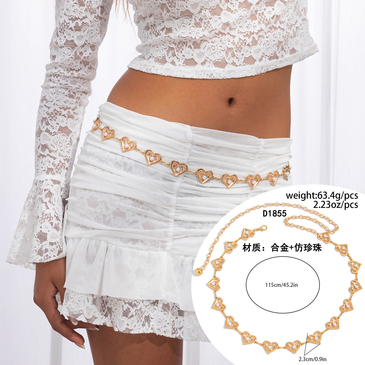 Cadena Bohemia Minimalista de Metal con Forma de Corazón para la Cintura con Detalles Calados y Perlas para Mujer