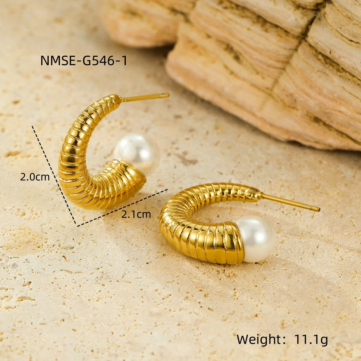 Orecchini a C in Acciaio al Titanio Stile Vintage con Perle e Inlay di Pietre Naturali Occhio di Tigre per Donna