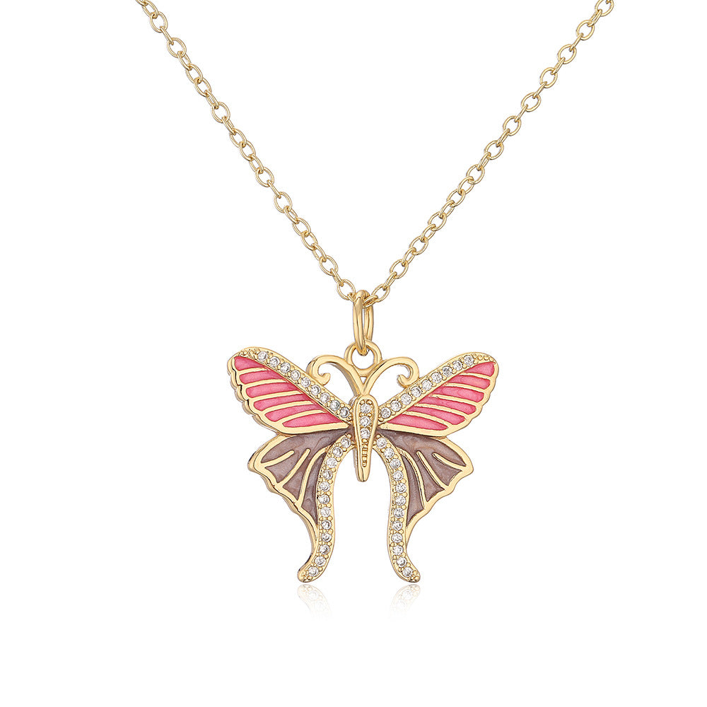Minimalist Butterfly Pendant Necklace for Women Made of Brass with 18K Gold Plating and Enamel Finish Featuring Cubic Zirconia Inlay