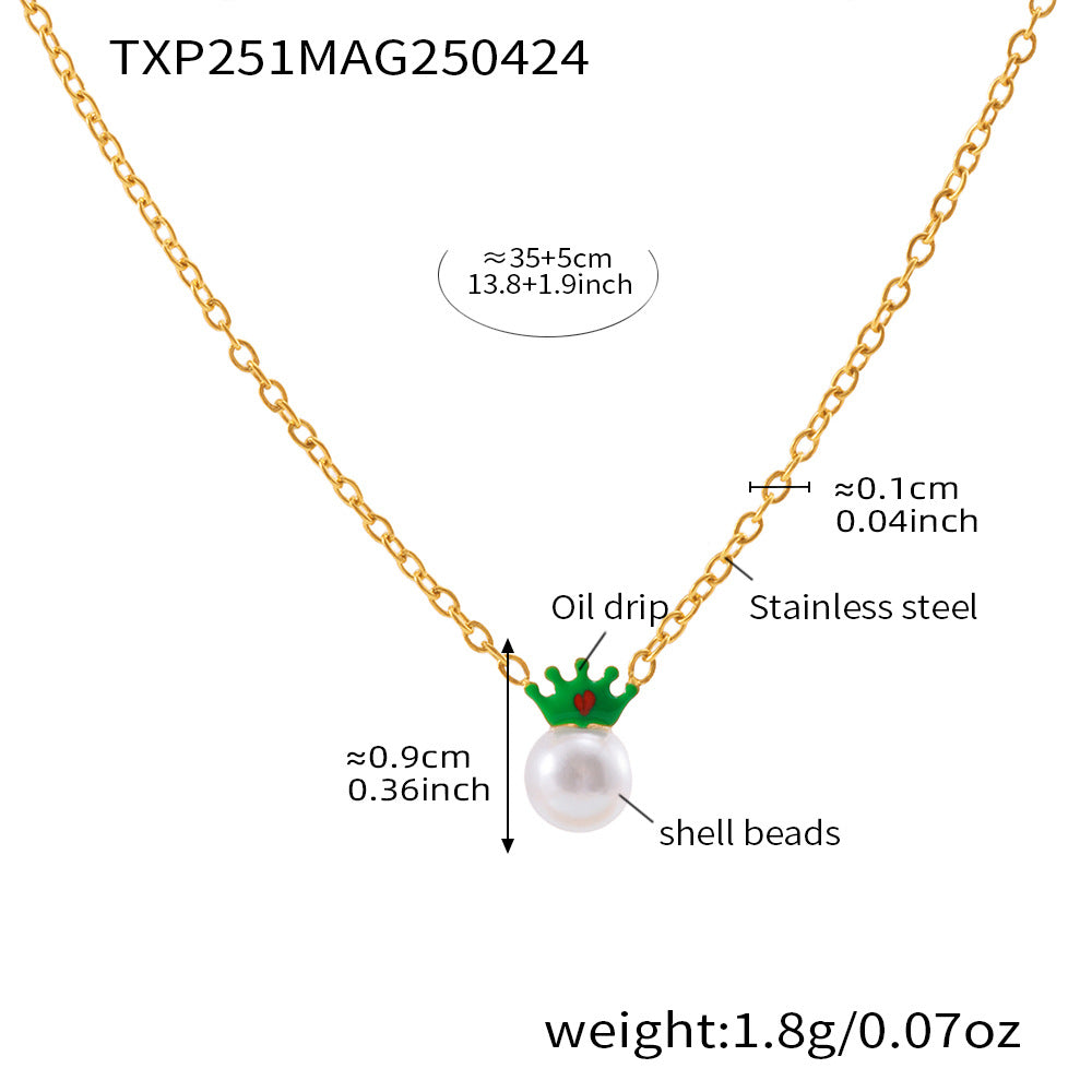 Conjunto de collar de perlas minimalista de moda con forma de corona, cadena de acero inoxidable y colgante de acero de titanio, acabado galvanizado para mujer