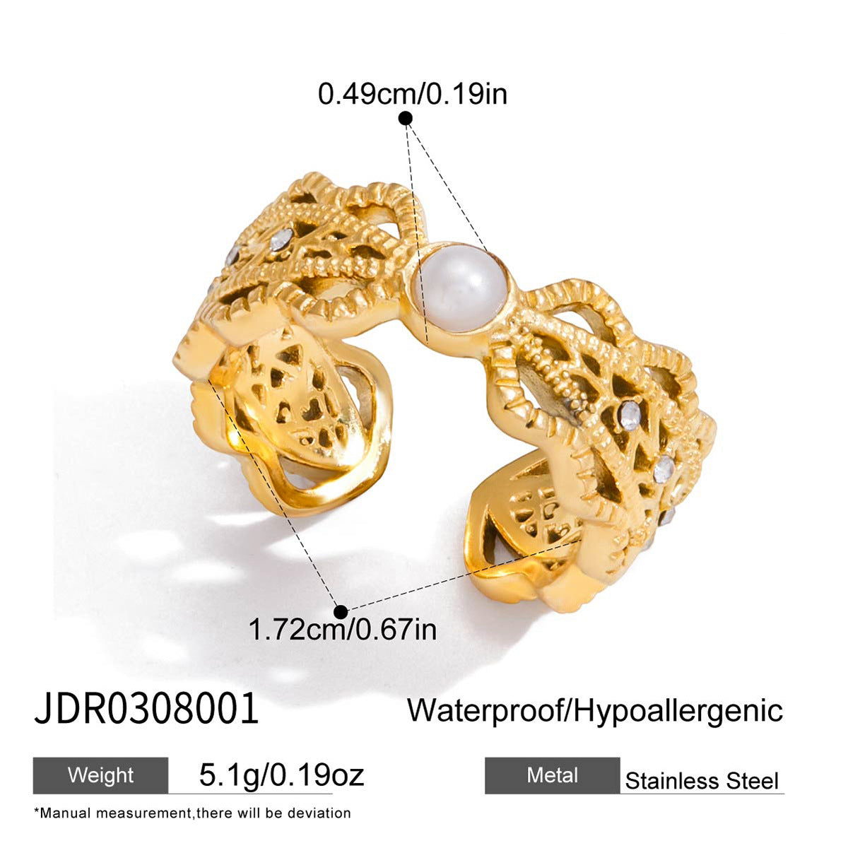 Anello geometrico in titanio e acciaio con intarsio di perle da donna, accessorio di moda in acciaio inossidabile elettroplaccato