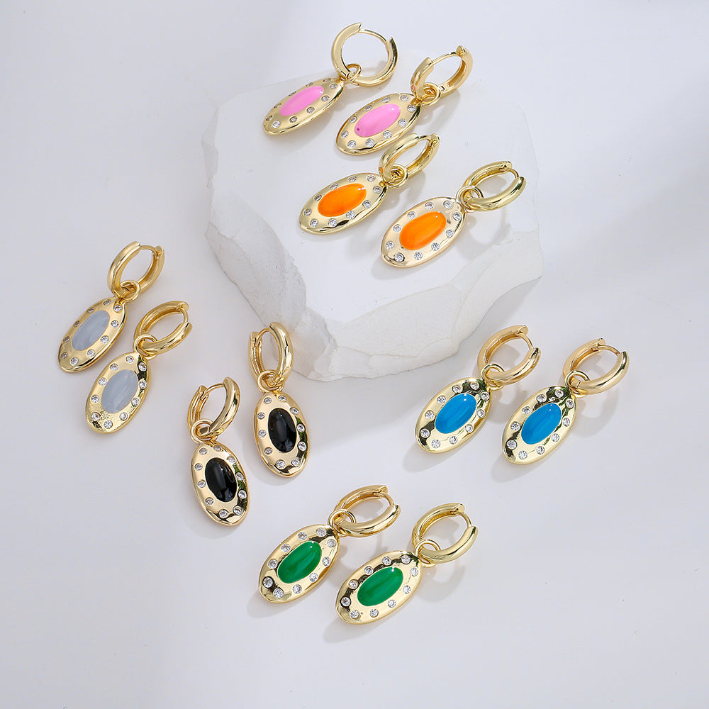 Minimalist Geometric Pendant Earrings in Copper with 18K Gold Plating and Enamel Finish, Micro-Paved Zirconia