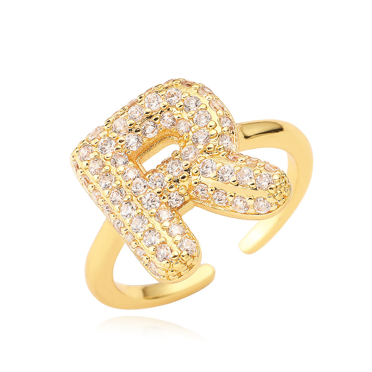 Anillo de cobre minimalista de forma geométrica con letras, chapado en oro de 18K y detalles de circonita para mujer