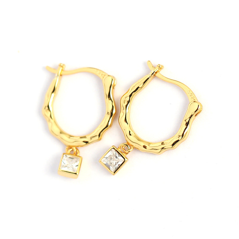 Vintage Minimalist 925 Sterling Silver Geometric Square Inlaid Rhinestone Hoop Earrings for Women