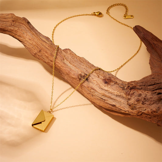 Fashionable Envelope-Shaped Pendant Necklace in Gold-Plated Stainless Steel for Women