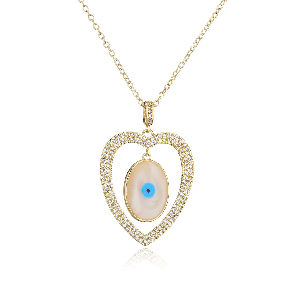 Collana da donna a sospensione geometrica minimalista in rame con placcatura in oro 18K e intarsio completo di zirconi a forma di occhio di Nazar