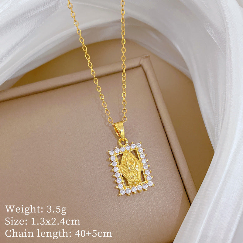 Collana con ciondolo a ritratto con cornice geometrica da donna in acciaio al titanio con intarsio di strass, elegante catena per clavicola