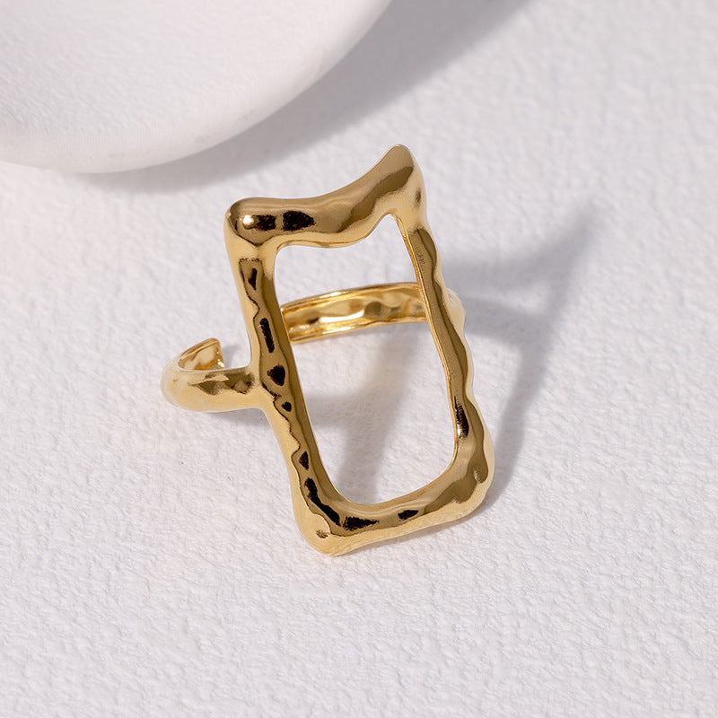 Vintage Geometric Stainless Steel Ring for Women with Plated Finish Minimalist Wide Open Band Fashion Accessory