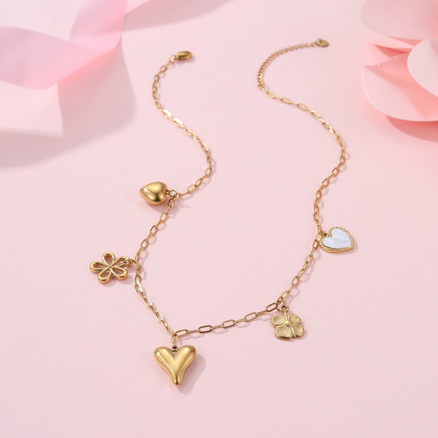 Fashionable Geometric Sun and Heart Pendant Necklace in Stainless Steel with Plated Finish for Women