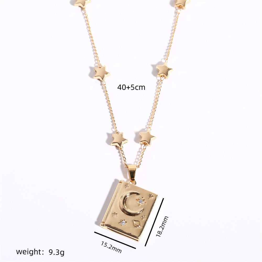 Light Luxury Geometric Star and Moon Pendant Necklace with Rhinestone Inlay on O-Chain for Women