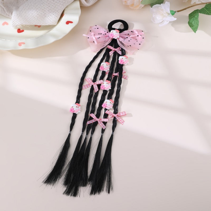 Cartoon Character Bow Hair Tie for Kids with Braided Design and Knitted Fabric Construction in Pastel Macaron Style