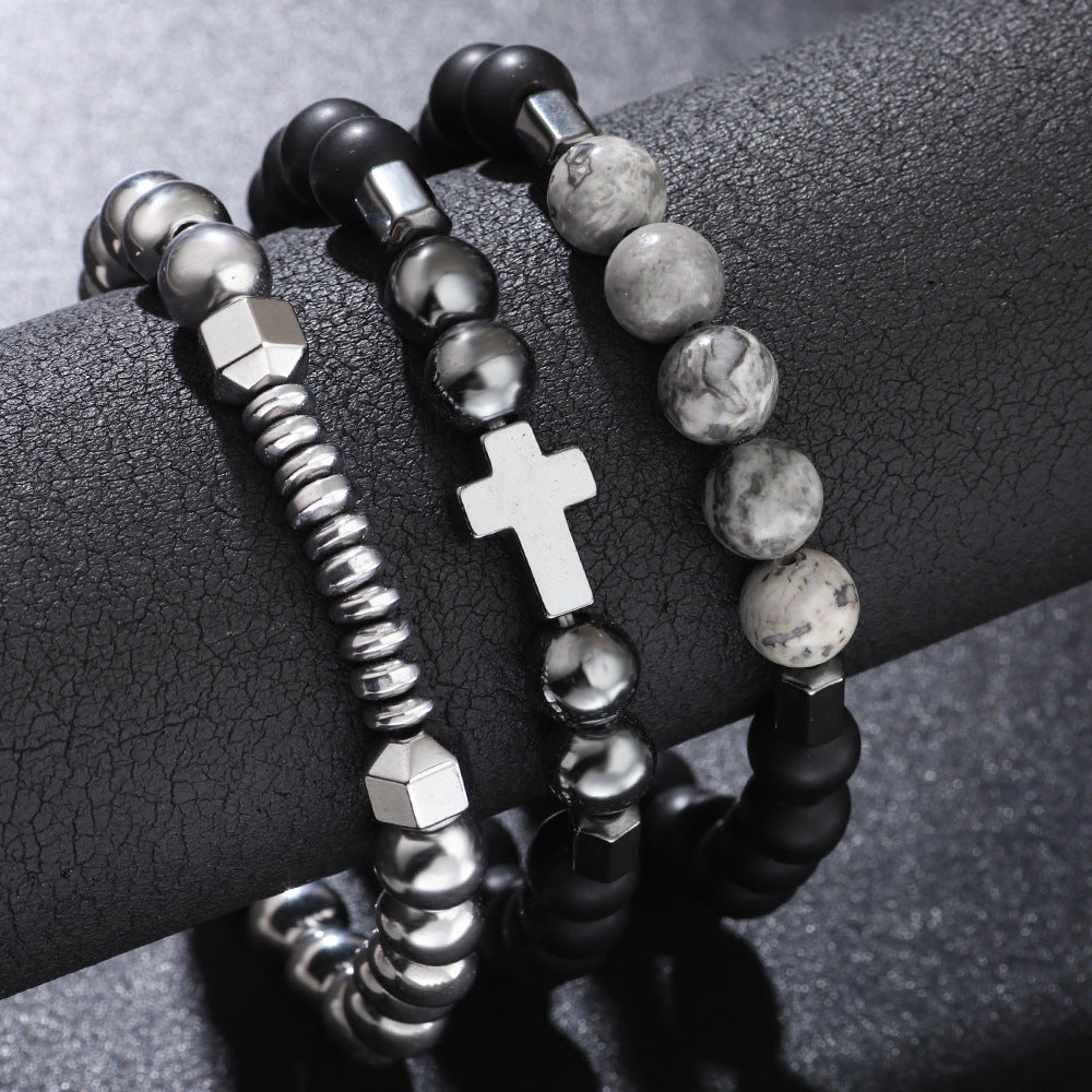 Vintage Cross Geometric Hematite Stretch Bracelet Unisex Handmade Stone Beads