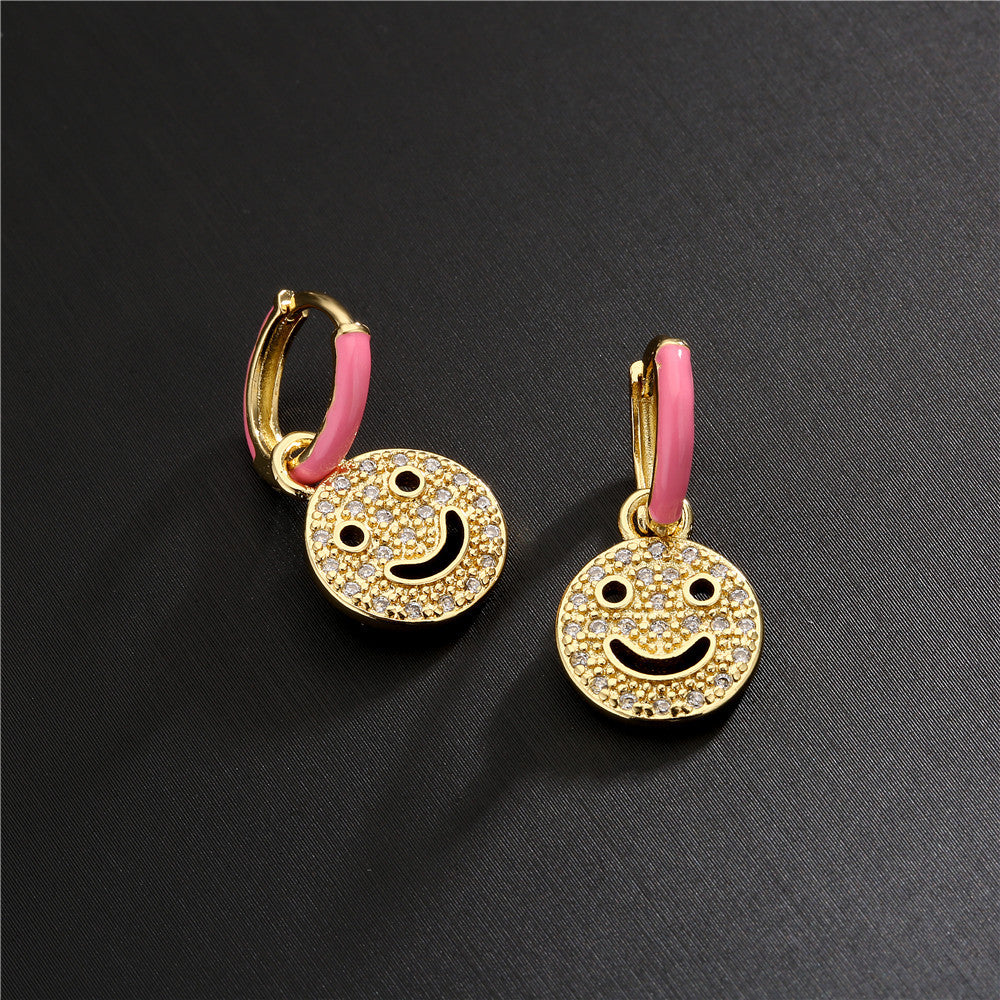Sweet Geometric Drip Oil Brass Micro-Paved Cubic Zirconia 18K Gold Plated Smile Earrings