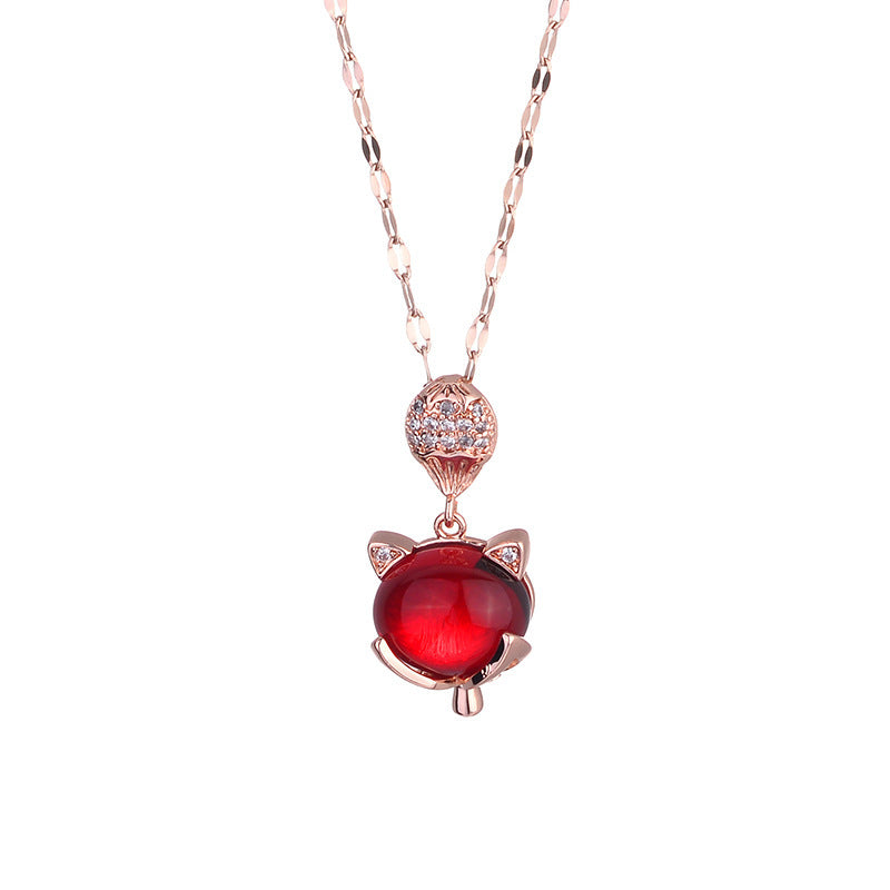 Collar Colgante Zorro Geométrico para Mujer en Acero Titanio con Incrustaciones de Diamantes de Imitación y Acabado Chapado en Cadena Ondulada