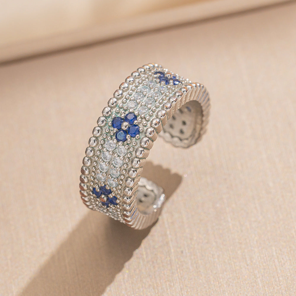 Luxury Minimalist Adjustable Open Ring for Women with Gold-Plated Copper Band and Zircon Stone Accent in Heart and Floral Shape